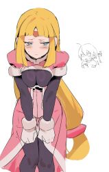 Rule 34 | 2girls, aile (mega man zx), black bodysuit, blonde hair, blue eyes, blush, bodysuit, breasts, chibi, chibi inset, cleavage cutout, clothing cutout, coat, cowboy shot, facial mark, forehead mark, highres, large breasts, long hair, mayutsuba mono, mega man (series), mega man zx, multiple girls, pink coat, prairie (mega man), robot ears, simple background, sketch, solo focus, white background