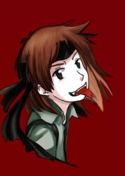 1other black_eyes black_headband black_shirt brown_hair collared_jacket commentary cropped_torso english_commentary fangs forked_tongue green_jacket headband jacket kurohebi len&#039;en looking_at_viewer medium_hair open_clothes open_jacket open_mouth red_background shirt simple_background smile solo teeth tongue yamanoskk