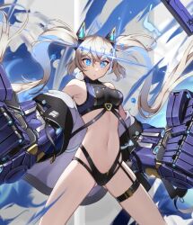 1girl aura bare_shoulders bikini black_bikini black_garter_belt black_jacket blonde_hair blue_bikini blue_eyes breasts close-up commentary cowboy_shot crossed_bangs english_text garter_belt gauntlets glint glowing glowing_eyes gluteal_fold grey_background hair_between_eyes hair_ornament hairclip halterneck huge_weapon jacket long_hair looking_at_viewer mechanical_arms medium_breasts morros multi-strapped_bikini_bottom multicolored_bikini navel off_shoulder original parted_lips pouch power_fist simple_background solo stomach swimsuit tekkou-chan_(morros) thigh_pouch thigh_strap thighs twintails two-tone_bikini weapon