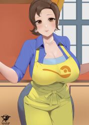 Rule 34 | 1girl, absurdres, apron, blue shirt, blush, breasts, brown eyes, brown hair, earrings, highres, housewife, huge breasts, jewelry, kaos art, large breasts, looking at viewer, mature female, nintendo, paldea mother, pokemon, pokemon sv, ponytail, shirt, smile, solo, thighs, yellow apron