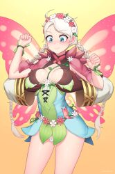 1boy 1girl absurdres ahoge assisted_exposure bare_legs blue_eyes bodystocking bracelet braid breasts butterfly_wings capelet chikaretsu cleavage commission commissioner_upload fairy fairy_wings fire_emblem fire_emblem_fates fire_emblem_heroes flower grabbing_another&#039;s_breast grabbing_from_behind groping hair_flower hair_ornament hair_vines hairband harness highres insect_wings jewelry kiran_(fire_emblem) male_kiran_(fire_emblem) leaf_bracelet long_hair low_twin_braids medium_breasts nina_(fire_emblem) nina_(resplendent)_(fire_emblem) nintendo nipples non-web_source official_alternate_costume parted_lips pink_capelet plant turtleneck twin_braids vines white_hair wings