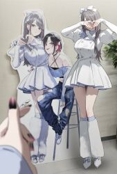 2girls black_nails blurry bow breasts cardboard_cutout chigusa_minori cleavage commentary_request depth_of_field dress female_pov gradient_nails grey_hair hair_bow heart heart_hands juliet_sleeves leg_warmers long_hair long_sleeves multiple_girls nail_polish photo_background pov puffy_sleeves purple_nails saotome_shino_(shino_to_ren) shino_to_ren shirayuki_ren shoes sitting white_bow white_dress white_leg_warmers white_shoes yuri