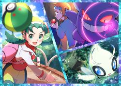 1boy 1girl absurdres blue_headband blush celebi cloud commentary_request cropped_jacket day eyelashes friend_ball gen_1_pokemon gen_2_pokemon gengar green_eyes green_hair headband highres holding holding_poke_ball ilex_forest jacket kris_(pokemon) legendary_pokemon long_hair long_sleeves morty_(pokemon) mythical_pokemon nintendo open_mouth outdoors parted_bangs pink_bag poke_ball poke_ball_(basic) pokemon pokemon_(creature) pokemon_gsc pon_yui sky throwing tongue twintails white_jacket