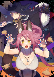 1girl 2boys animal_ear_fluff animal_ears bare_shoulders black_coat black_headwear black_robe black_skirt blonde_hair blue_eyes blue_nails breasts claw_pose cleavage coat collarbone commentary_request cowboy_shot duel_monster facial_mark fangs feathered_wings fingernails fox_ears fox_tail fur goggles hair_between_eyes halloween halloween_costume hat highres holding holding_staff jewelry kitt_(yu-gi-oh!) large_breasts long_fingernails long_hair looking_at_viewer mask midriff multiple_boys nail_polish navel necklace open_mouth over_shoulder pink_hair ponytail robe short_hair sidelocks single_wing skirt slit_pupils staff standing suspender_skirt suspenders tail tank_top tri-brigade_ferrijit_the_barren_blossom tri-brigade_fraktall tri-brigade_kerass tri-brigade_kitt tri-brigade_nervall tri-brigade_rugal_the_silver_sheller tri-brigade_shuraig_the_ominous_omen vulture_(washizu0808) weapon weapon_over_shoulder white_hair white_tank_top wings wizard wizard_hat yellow_eyes yu-gi-oh!
