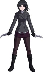 1girl absurdres black_gloves black_hair boots brown_skirt commission danganronpa_(series) danganronpa_3_(anime) freckles fulltimeangel13 gloves grey_eyes grey_jacket highres holding holding_knife holding_weapon ikusaba_mukuro jacket knife looking_at_viewer short_hair simple_background skirt solo sweater thighhighs turtleneck turtleneck_sweater weapon white_background white_sweater