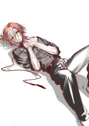 Rule 34 | 1boy, black pants, black shirt, character request, chinese commentary, commentary request, copyright request, green eyes, hands on own neck, highres, lying, male focus, multicolored hair, on back, pale skin, pants, pink hair, red eyes, shadow, shirt, shuiyemusan, sketch, sleeves rolled up, solo, sweat, two-tone hair, white background, white hair