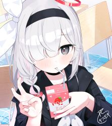 Rule 34 | 1girl, black choker, black eyes, black hairband, black serafuku, blue archive, blush, carton, choker, drinking, hair over one eye, hairband, halo, highres, long hair, looking at viewer, nishi yasuaki, plana (blue archive), red halo, red pupils, school uniform, serafuku, solo, white hair