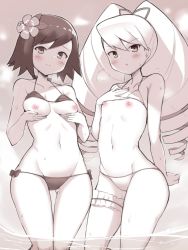 2girls big_hair bikini bikini_top_lift blush breasts clothes_lift collarbone cowboy_shot drill_hair flower frilled_thigh_strap gluteal_fold groin hair_flower hair_ornament hair_ribbon hanetu highres long_hair looking_at_viewer luna_platz_(mega_man) medium_breasts mega_man_(series) mega_man_star_force_(series) monochrome multiple_girls navel nipples ocean open_mouth outdoors ribbon short_hair small_breasts smile sonia_strumm_(mega_man) spot_color sweat sweatdrop swimsuit thigh_strap very_long_hair wading