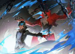 Rule 34 | 2boys, amamiya ren, arsene (persona 5), ascot, black coat, black hair, black hat, black pants, blue fire, chain, coat, fingernails, fire, formal clothes, gloves, grey background, hashtag-only commentary, hat, highres, joker (persona 5), lluyss, long fingernails, long sleeves, messy hair, multiple boys, pants, persona, persona 5, red eyes, red gloves, red suit, suit, top hat