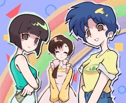 3girls blue_hair breasts brown_eyes brown_hair circle closed_eyes happy highres money multiple_girls mychi_drawings rainbow ranma_1/2 short_hair siblings sisters smile tendou_akane tendou_kasumi tendou_nabiki triangle