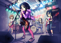 5girls akiyama_mio amplifier bad_id bad_pixiv_id band_(music) bass_guitar black_eyes black_hair blonde_hair blue_eyes blue_pantyhose brown_eyes brown_hair casual drum drum_set electric_guitar fender_(company) fender_mustang gibson gibson_les_paul guitar hair_down highres hirasawa_yui ho-kago_tea_time instrument k-on! kotobuki_tsumugi legs long_hair marshall multiple_girls nakano_azusa nikerabi no_thank_you!_(k-on!) pantyhose pink_pantyhose short_hair speaker synthesizer tainaka_ritsu yamaha