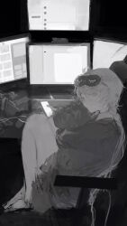 1girl absurdres bare_legs barefoot braid computer from_side greyscale hair_between_eyes highres hugging_object koume_5656 long_hair looking_at_viewer monitor monochrome on_chair original phone pillow pillow_hug sitting sleep_mask solo