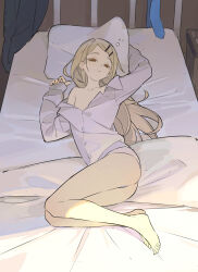 1girl bare_legs barefoot bed bed_sheet blonde_hair collarbone collared_shirt commentary earrings gakuen_idolmaster hair_ornament hairclip half-closed_eyes highres idolmaster jacket jewelry legs_together long_hair necktie nightstand no_pants on_bed orange_eyes panties parted_lips pillow shinosawa_hiro shirt single_bare_shoulder single_off_shoulder solo squeans symbol-only_commentary timbougami underwear unworn_eyewear unworn_jacket unworn_necktie white_shirt