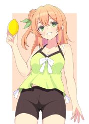 1girl absurdres alternate_eye_color arm_at_side bare_shoulders bike_shorts blush border bow bra_strap breasts cleavage food fruit gluteal_fold green_eyes highres hinatsuki_mikan holding holding_food holding_fruit kukokoko_(ukan2253) lemon light_blush long_hair long_sidelocks looking_at_viewer machikado_mazoku orange_hair pink_background shorts sidelocks simple_background smile solo teeth thighs white_border white_bow