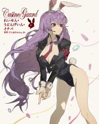 1girl absurdres animal_ears black_jacket black_leotard breasts cleavage covered_navel finger_gun from_side hair_between_eyes highres jacket legs leotard long_hair long_sleeves looking_to_the_side medium_breasts necktie playboy_bunny poker_chip purple_hair rabbit_ears rabbit_girl rabbit_tail red_eyes red_necktie reisen_udongein_inaba shimiya_jin solo striped_clothes striped_jacket tail thighs touhou twitter_username very_long_hair