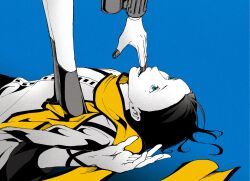 Rule 34 | 1boy, 1girl, aigis (persona), arm up, black hair, black pants, black trim, blue background, film grain, finger in another&#039;s mouth, hair slicked back, highres, long sleeves, looking up, lower teeth only, lying, male focus, mochizuki ryouji, mole, mole under eye, on back, open mouth, otoko haza, out of frame, pants, persona, persona 3, ringed eyes, scarf, shirt, short hair, simple background, sleeve cuffs, stepped on, teeth, white shirt, yellow scarf