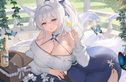 1girl animal_ear_fluff animal_ears ass azur_lane bare_shoulders basket bent_over blue_eyes blue_nails blue_skirt blush bottle breasts bug butterfly cleavage crossed_bangs cup day flower fox_ears fox_girl fox_tail highres holding holding_cup insect large_breasts long_hair long_sleeves looking_at_viewer mole mole_under_eye off_shoulder outdoors parted_lips ponytail shinano_(azur_lane) skirt smile solo tail very_long_hair yijiufantexi