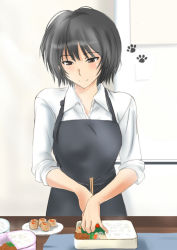 1girl amagami apron bento black_eyes black_hair chopsticks female_focus kitchen murasaki_iro nanasaki_ai paw_print short_hair sleeves_rolled_up smile solo