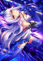 Rule 34 | 1girl, absurdres, breasts, detached sleeves, dress, genshin impact, hair between eyes, hair ornament, highres, holding, holding sword, holding weapon, long hair, medium breasts, parted lips, red eyes, short sleeves, skirk (genshin impact), solo, sword, weapon, white dress, white hair, zephx