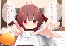 ahoge blurry blush brown_hair commentary_request depth_of_field drawing_(action) food fruit hands_on_table highres holding holding_pen indoors japanese_clothes kimono knife_hair_ornament leaning_forward long_sleeves looking_at_viewer open_hand open_mouth orange_(fruit) pen perspective pink_nails reaching reaching_towards_viewer red_eyes sechin sitting sketchbook sparkle speech_bubble straight-on table touhoku_kiritan translation_request voiceroid