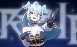 1girl absurdres aqua_eyes black_gloves blue_hair breasts capelet commentary cross-shaped_pupils daydarion detached_sleeves elira_pendora english_commentary gloves hair_between_eyes hair_ornament hairclip hand_on_own_chest head_wings heterochromia high_ponytail highres in-ear_earphones large_breasts light_blush long_hair looking_at_viewer midriff mole mole_on_armpit nijisanji nijisanji_en nijisanji_idol_uniform official_alternate_costume open_mouth ponytail reaching reaching_towards_viewer single_detached_sleeve solo symbol-shaped_pupils virtual_youtuber white_eyes wings