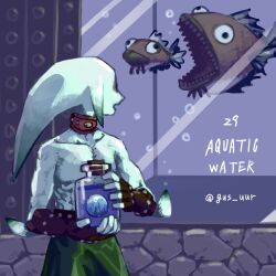1boy bottle bubble collar egg fingerless_gloves fish fish_tank gloves gus_uur holding holding_bottle indoors link looking_back nintendo open_mouth solo the_legend_of_zelda the_legend_of_zelda:_majora&#039;s_mask tunic upper_body zora zora_link