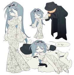 1boy 1girl air_zizon animalization badge bare_shoulders black_hairband blue_eyes blue_hair blush_stickers clothing_cutout colored_skin dream_game dress eunoia_(dream_game) hair_between_eyes hair_ornament hairband highres long_hair mafioso_(dream_game) rabbit roblox shoes shoulder_cutout snowflake_hair_ornament very_long_hair white_dress yellow_skin
