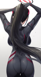 Rule 34 | 1girl, adjusting hair, arms up, ass, backboob, black bodysuit, black hair, blue archive, bodysuit, breasts, commentary request, cow, cowboy shot, floating hair, from behind, fukai ryosuke, grey background, halo, highres, large breasts, long hair, official alternate costume, ponytail, rio (blue archive), rio (bodysuit) (blue archive), skin tight, solo, standing, thigh gap, very long hair