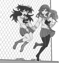 2girls chain-link_fence closed_eyes commentary english_commentary fang fence heizeheiko highres hinomori_shizuku holding_hands long_hair long_sleeves looking_at_another midair mole mole_under_mouth momoi_airi multiple_girls neckerchief no_shoes open_mouth outdoors pantyhose parted_lips pleated_skirt project_sekai sailor_collar school_uniform serafuku shoes skirt smile suicide two_side_up unworn_shoes
