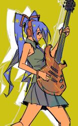 1girl afterimage bare_shoulders blue_hair blue_necktie bracelet commentary english_commentary fretless_guitar fretless_instrument frotias grey_skirt guitar hatsune_miku headset highres holding holding_guitar holding_instrument instrument jewelry long_hair music necktie playing_instrument pleated_skirt shirt skirt sleeveless sleeveless_shirt solo twintails vocaloid