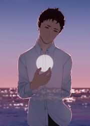 1boy arm_behind_back black_pants brown_hair closed_mouth collared_shirt cowboy_shot dusk enelous gundam gundam_hathaway&#039;s_flash hathaway_noa highres horizon long_sleeves looking_at_viewer male_focus ocean outdoors pants red_eyes see-through_body shirt short_hair solo very_short_hair white_shirt