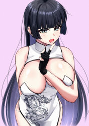 Rule 34 | 1girl, aqua eyes, arm behind back, arm under breasts, barbell piercing, bigthirteen0301, black gloves, black hair, bocchi the rock!, breasts, chin piercing, china dress, chinese clothes, clothing cutout, colored inner hair, dragon print, dress, ear piercing, eyes visible through hair, finger to mouth, finger to own chin, forked tongue, gloves, hair between eyes, highres, hime cut, huge breasts, index finger raised, industrial piercing, labret piercing, large breasts, long hair, looking at viewer, mouth piercing, multicolored hair, open mouth, pa-san, piercing, purple background, purple hair, shoulder cutout, simple background, sleeveless, solo, straight hair, strapless, strapless dress, thinking, tongue, very long hair, white dress