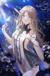 1girl bare_shoulders black_collar black_dress blue_eyes breasts cartethyia_(wuthering_waves) collar commentary cowboy_shot crown_of_thorns dress earrings english_commentary hand_up highres jewelry libero_art looking_at_viewer necklace parted_lips pointy_ears small_breasts solo tabard tacet_mark_(wuthering_waves) thighs white_tabard wuthering_waves