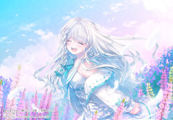 1girl :d ^_^ blue_sky blush breasts closed_eyes cloud commentary_request copyright_request day dress flower gradient_sky grey_hair hair_between_eyes ittokyu jacket long_hair long_sleeves off_shoulder official_art open_clothes open_jacket open_mouth outdoors pink_flower pink_sky puffy_long_sleeves puffy_sleeves purple_flower sky sleeveless sleeveless_dress sleeves_past_wrists small_breasts smile solo very_long_hair virtual_youtuber white_dress white_jacket yellow_flower