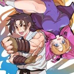 Rule 34 | 1boy, 1girl, arms behind head, bandaid, bandaid on face, blonde hair, blue eyes, brown eyes, brown hair, dougi, fuurinji miu, gloves, hair ornament, highres, jacket, japanese clothes, kijima (amayadori-tei), leg up, long hair, mole, mole under eye, muscular, muscular male, open mouth, pink gloves, pink jacket, shijou saikyou no deshi ken&#039;ichi, shirahama ken&#039;ichi, skin tight, socks, sweat, tekkou, unitard, upside-down, white socks