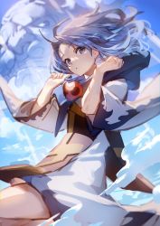 1girl blue_dress blue_eyes blue_hair blue_hood blue_sky breasts closed_mouth cloud cloudy_sky dress eyes_visible_through_hair flying gem hands_up highres hood jewelry kumoi_ichirin long_sleeves looking_at_viewer medium_breasts no_headwear short_hair sky solo tabard teeth touhou u_u_zan unzan white_dress wide_sleeves