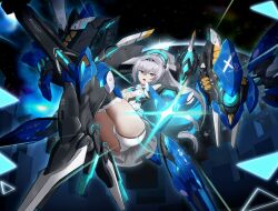 Rule 34 | 1girl, :o, armor, armored dress, ass, boots, bronya zaychik, bronya zaychik (herrscher of truth), dress, drill hair, full body, glowing, grey eyes, grey hair, hair ornament, high heel boots, high heels, honkai (series), honkai impact 3rd, long hair, looking at viewer, non-humanoid robot, open mouth, panties, planet, project bunny, robot, sky, solo, space, star (sky), starry sky, twin drills, underwear, white panties, yukidaruma718