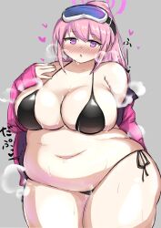 1girl absurdres arm_behind_back beacon_fo bikini black_bikini blue_archive blush breasts cleavage coat eimi_(blue_archive) eimi_(swimsuit)_(blue_archive) fat fat_woman goggles goggles_on_head grey_background halo hand_on_own_chest heart highres huge_breasts large_breasts long_hair navel open_clothes open_coat open_mouth pink_coat pink_hair plump ponytail purple_eyes side-tie_bikini_bottom ski_goggles solo standing sweat swimsuit thick_thighs thighs wide_hips