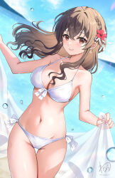 1girl bikini blue_sky breasts brown_eyes brown_hair commission earrings flower front-tie_bikini_top front-tie_top hair_flower hair_ornament highres holding jewelry large_breasts navel ocean original outdoors sarong see-through_clothes side-tie_bikini_bottom skeb_commission sky swimsuit wanatsu_15 white_bikini