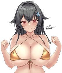 1girl artist_name bikini black_hair blush breasts cleavage closed_mouth collarbone front-tie_bikini_top front-tie_top gold_bikini hair_flaps hair_intakes hair_ornament hairclip highres jingei_(kancolle) kantai_collection large_breasts long_hair looking_at_viewer montemasa red_eyes signature simple_background smile solo swimsuit twitter_username underboob upper_body watermark white_background