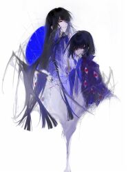 2girls black_hair blunt_bangs blunt_ends bob_cut bug coat dual_persona e.g.o_(project_moon) highres jacket limbus_company long_hair looking_at_viewer multiple_girls project_moon purple_coat purple_jacket red_eyes red_eyes_(e.g.o) ryoshu_(project_moon) short_hair silk spider spider_web taoer. very_long_hair