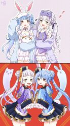 2girls :d :o :p animal_ear_fluff animal_ears arm_up black_skirt blue_hair blue_hat blue_jacket blue_shirt blush braid character_doll closed_mouth collarbone commentary_request cosplay doll don-chan_(usada_pekora) dress grey_hair hat heart highres hololive jacket juliet_sleeves kiritoma long_hair long_sleeves mask mask_on_head meandros multiple_girls murasaki_shion murasaki_shion_(cosplay) murasaki_shion_(loungewear) off_shoulder ofuda open_clothes open_jacket open_mouth orange_eyes pekomon_(usada_pekora) pleated_skirt puffy_long_sleeves puffy_shorts puffy_sleeves purple_hair purple_jacket purple_shirt qingdai_guanmao rabbit-shaped_pupils rabbit_ears red_eyes shirt short_eyebrows short_shorts shorts skirt sleep_mask sleeves_past_fingers sleeves_past_wrists smile symbol-shaped_pupils thick_eyebrows tilted_headwear tongue tongue_out twintails usada_pekora usada_pekora_(10th_costume) usada_pekora_(cosplay) v-shaped_eyebrows very_long_hair virtual_youtuber white_dress white_shorts