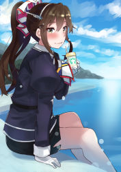1girl alternate_costume ashigara_(kancolle) ashigara_kai_ni_(kancolle) black_skirt blue_sky brown_eyes brown_hair cloud commentary_request cup day disposable_coffee_cup disposable_cup fake_horns fang female_focus gloves hairband holding horned_headwear horns jacket juliet_sleeves kantai_collection long_hair long_sleeves ocean pantyhose pencil_skirt ponytail puffy_sleeves purple_jacket sitting skirt sky smile solo tonarikeru white_gloves white_hairband