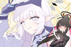 absurdres amtkmituki arrow_through_heart black_bodysuit black_gloves black_hair black_halo blue_archive blush bodysuit gloves halo head-mounted_display highres himari_(blue_archive) himari_(bodysuit)_(blue_archive) jacket jumpsuit long_pointy_ears mole mole_under_eye official_alternate_costume official_alternate_hairstyle open_mouth pointy_ears red_eyes rio_(blue_archive) rio_(bodysuit)_(blue_archive) smile sparkle_background white_bodysuit white_eyes white_gloves white_hair white_halo white_jacket