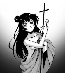 1girl christianity commentary_request convenient_arm cross gradient_background greyscale hair_bun highres latin_cross light_smile long_hair looking_at_viewer love_live! love_live!_sunshine!! monochrome one_breast_out robe single_hair_bun solo suzushiro_(suzushiro333) tsushima_yoshiko