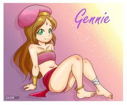 1girl anklet arabian_clothes arm_support bandaged_ankle bandages barefoot beret blush borrowed_character breasts brown_hair collarbone dakunart facial_mark forehead_mark genie gennie_(esky2393) gradient_background green_eyes hat jewelry loli long_hair looking_at_viewer multicolored_background navel panties pink_background pink_headwear pink_panties pink_shirt purple_background red_skirt shirt sitting skirt small_breasts smile sparkle strapless tube_top underwear wristband yellow_background