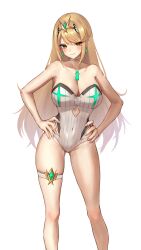 1girl absurdres blonde_hair blush breasts chest_jewel choker cleavage closed_mouth covered_navel earrings feet_out_of_frame hakusai_(hksicabb) hands_on_own_hips highres jewelry large_breasts long_hair mythra_(radiant_beach)_(xenoblade) mythra_(xenoblade) one-piece_swimsuit simple_background smile solo strapless strapless_one-piece_swimsuit swept_bangs swimsuit thigh_strap tiara very_long_hair white_background white_choker white_one-piece_swimsuit xenoblade_chronicles_(series) xenoblade_chronicles_2 yellow_eyes