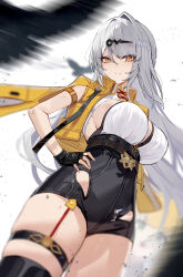 Rule 34 | 1girl, armlet, black gloves, black leotard, breasts, commentary, cowboy shot, cropped jacket, fingerless gloves, gloves, hair ornament, half-leotard, hand on own hip, highres, jacket, jewelry, large breasts, leotard, long hair, looking at viewer, maanu, orange eyes, orange jacket, parted lips, shirt, shirt tucked in, solo, symbol-only commentary, thighs, very long hair, white hair, white shirt, yi xuan (zenless zone zero), zenless zone zero