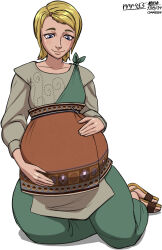 1girl a0iisa blonde_hair blue_eyes colored_skin commission commissioner_upload dated dress hands_on_own_stomach highres housewife mature_female nintendo pregnant sandals short_hair sitting smile solo the_legend_of_zelda the_legend_of_zelda:_twilight_princess tribal uli_(twilight_princess) uli_(zelda) white_background white_skin