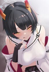 1girl absurdres arm_under_breasts bare_shoulders black_gloves black_hair black_pants blue_archive blunt_bangs breasts broken_horn closed_mouth demon_girl demon_horns detached_sleeves finger_to_mouth fingerless_gloves from_above gloves highres horns japanese_clothes kimono large_breasts licking licking_finger looking_at_viewer niya_(blue_archive) pants short_hair sideboob sidelocks smile solo tachi_(bokarokazoku) white_kimono yellow_eyes